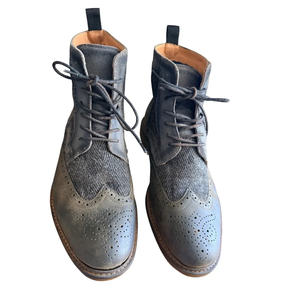 Steve Madden Boots Mens 9.5 SIFTT Gray Wingtip Herringbone Leather EUC